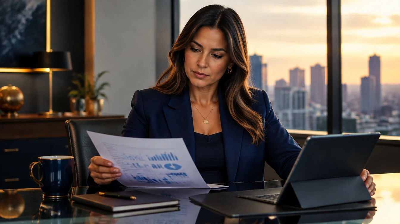 Ejecutiva analizando un informe de tendencias empresariales